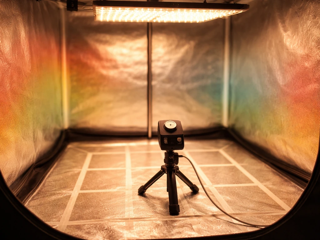 PPFD light sensor on a small stand positioned over a grow tent floor grid for uniformity testing