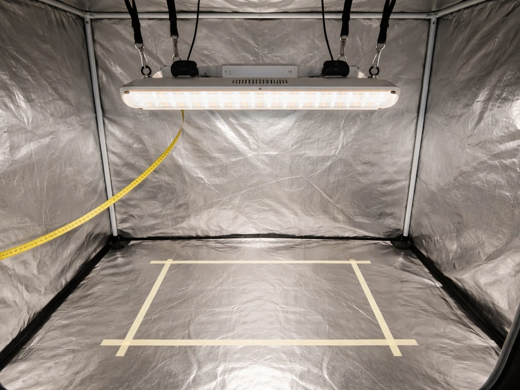 Overhead view of ratchet hangers and a centered VS4000 over a covered grow tent with a simple canopy outline