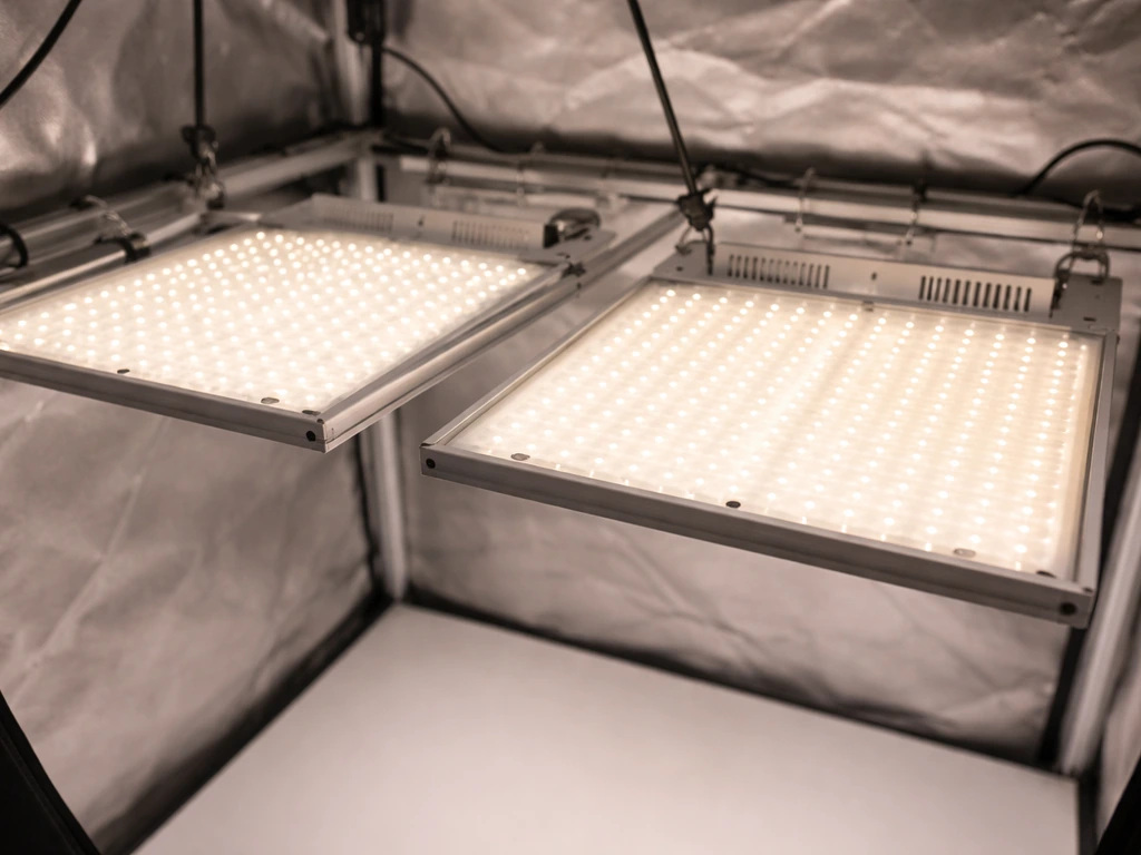 Two indoor grow lights mounted side-by-side over a simple grow tent shelf, minimal comparison scene.