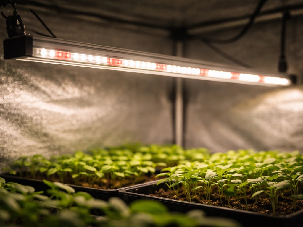 Close-up of a bar LED grow light above seedlings in an indoor grow tent with subtle glow on leaves