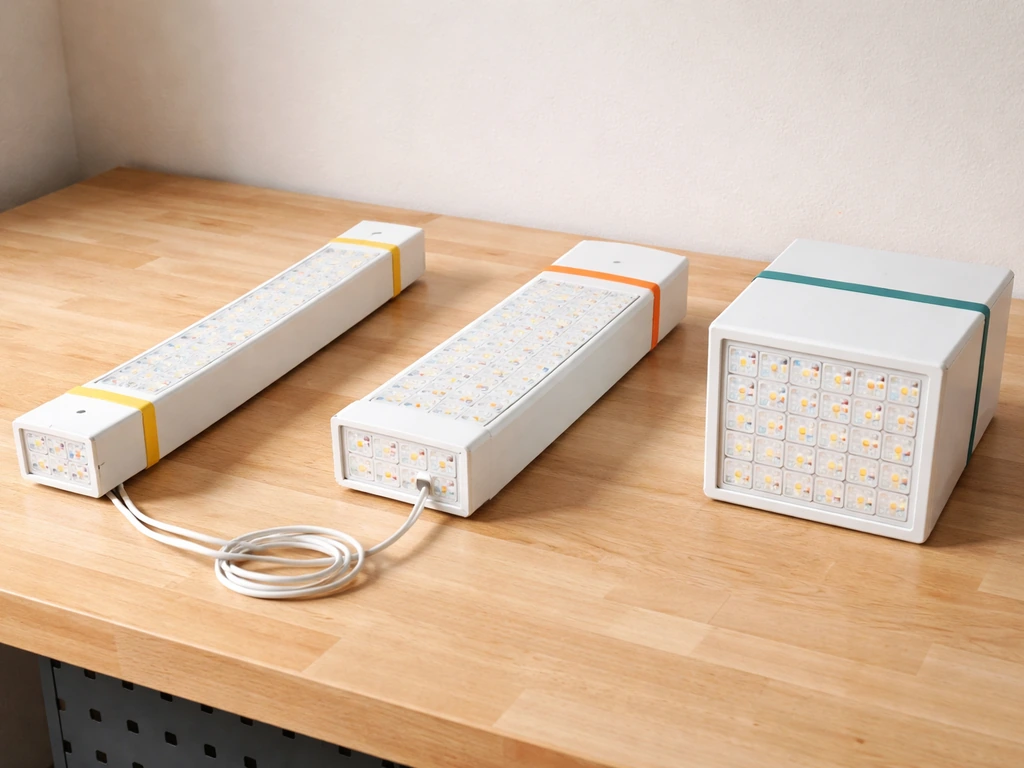 Three Mixjoy-style LED device units side by side on a workbench with wattage-style cues, no text