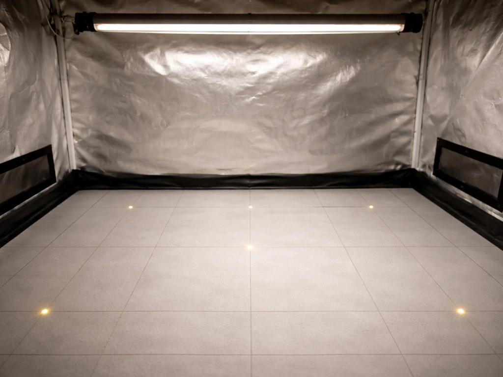 Minimal grow tent floor with a faint measurement grid of center and edge sampling points under a light.
