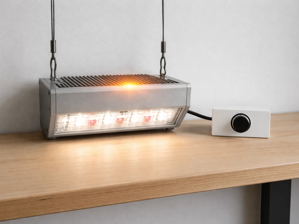 Small grow light on a bench with dimmer control set low, and an IR-heat reflection on the housing.