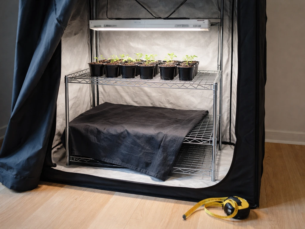 LED grow light over a small seedling setup, with a dark cover showing undercoverage risk.
