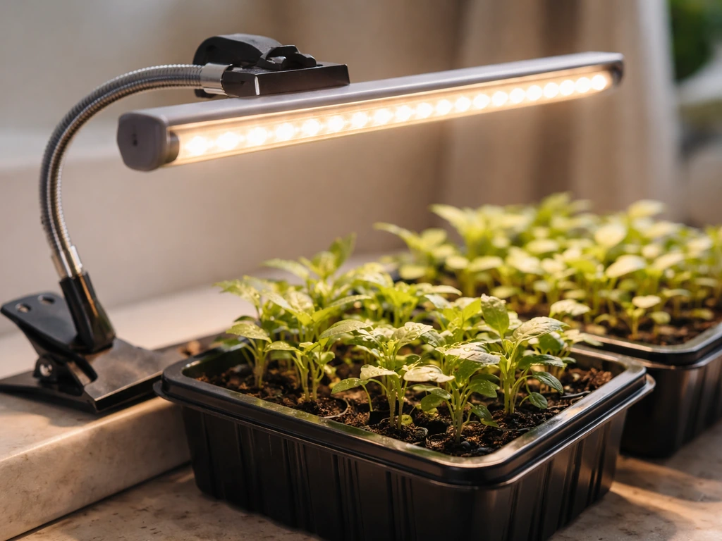 Close-up of a clip-on LED grow light glowing over seedling trays with young plants underneath.