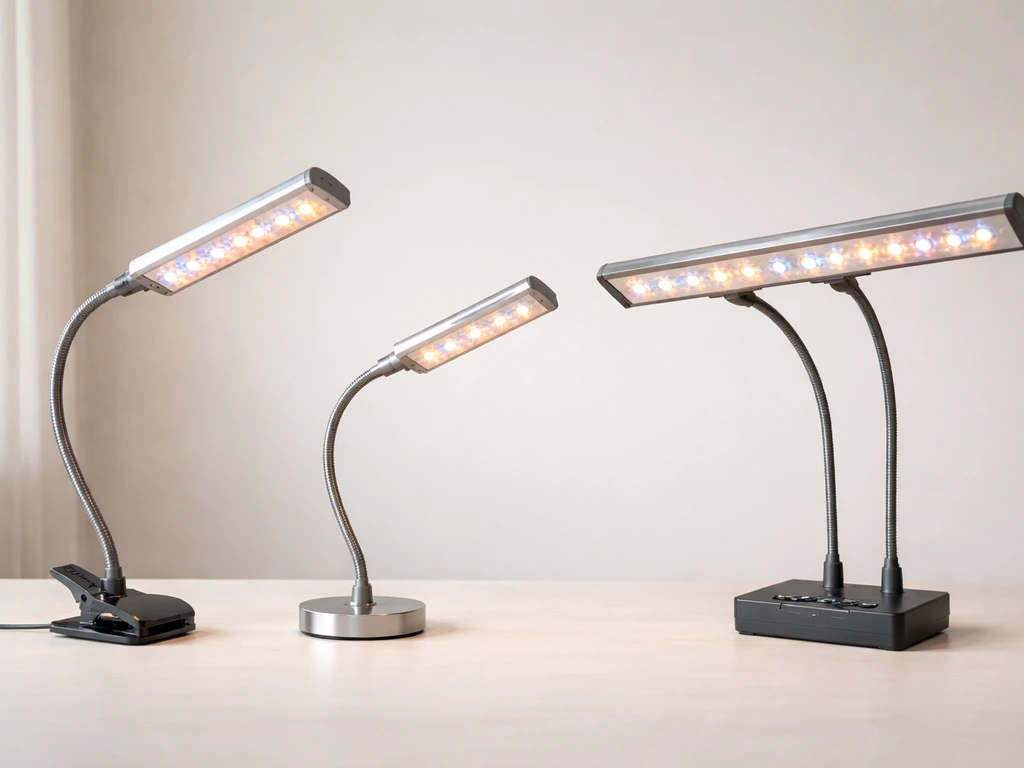 Three Garpsen grow light fixtures side-by-side, clip-on and gooseneck styles on a simple tabletop.