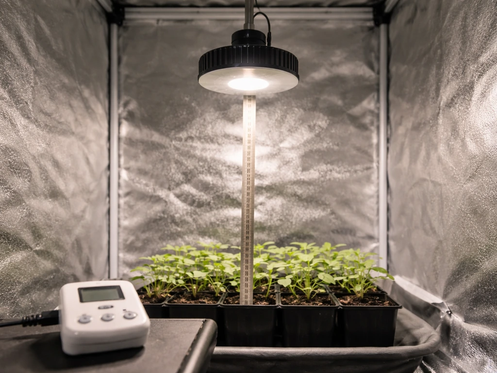 LED grow light mounted above seedlings with measure tape showing distance and a generic timer controller nearby.