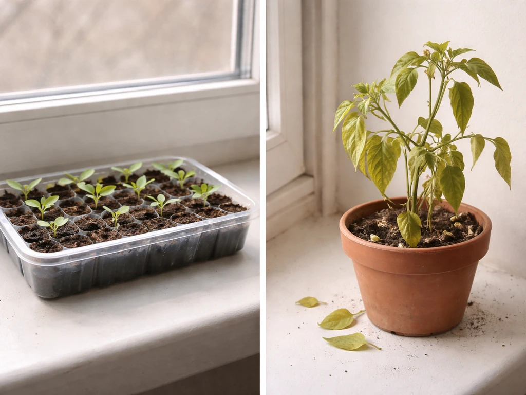 Seedling tray thriving beside a fruiting houseplant struggling under dim light