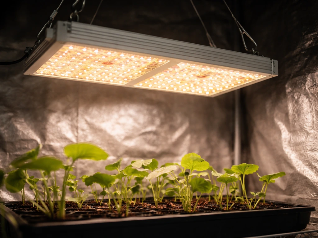Close-up of a rectangular LED grow light over seedlings inside a grow tent, LEDs glowing