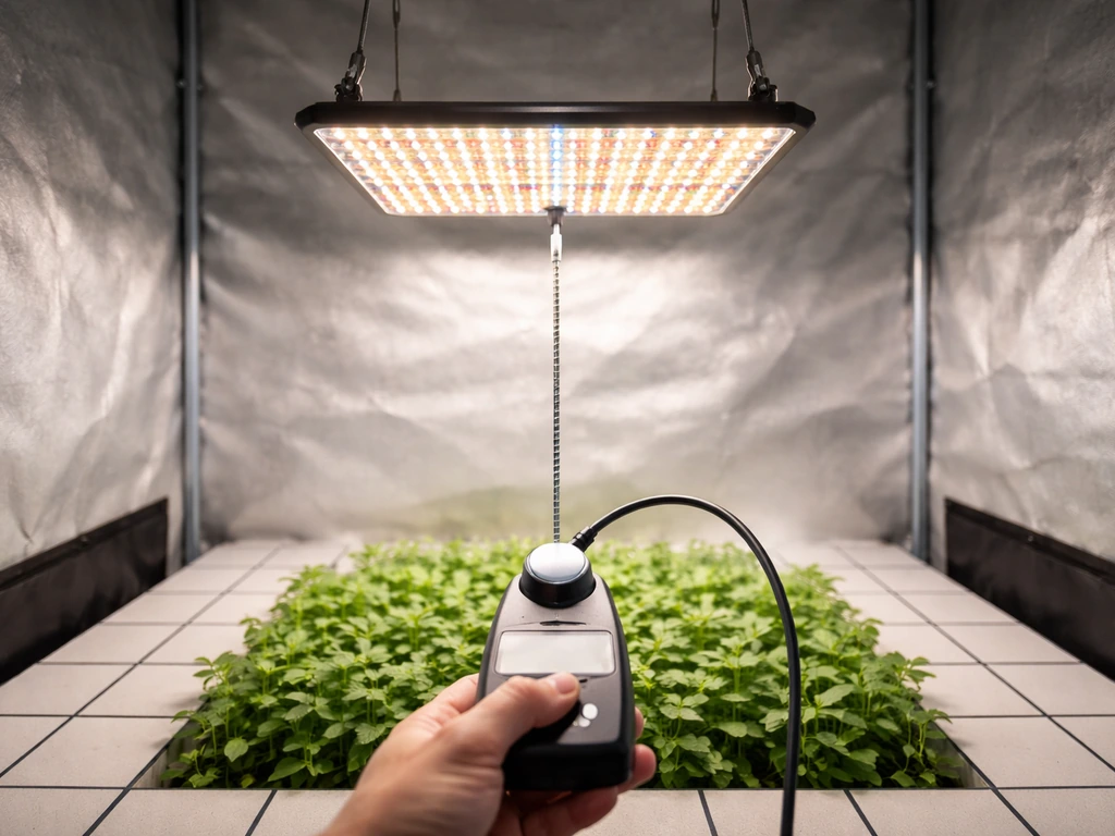 LED grow light over a small test grid with a PPFD probe hovering at canopy level.