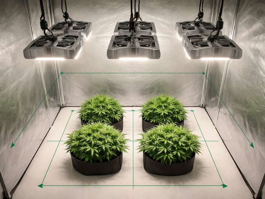 Top-down view of several grow lights over a small 2x2 canopy with spacing lines and height guidance arrows.