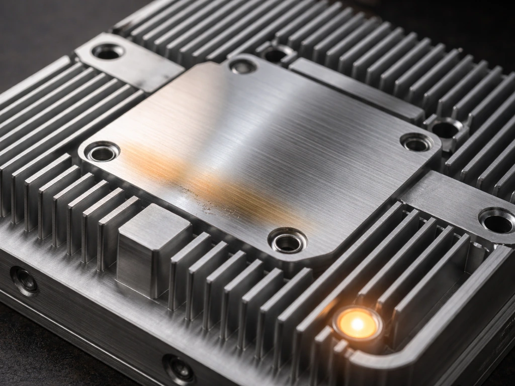 Close-up of a passive aluminum heat sink on an LED panel, with a subtle warm indicator glow.