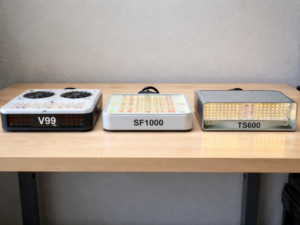 V99 grow light beside two other budget LED grow lights on a clean bench