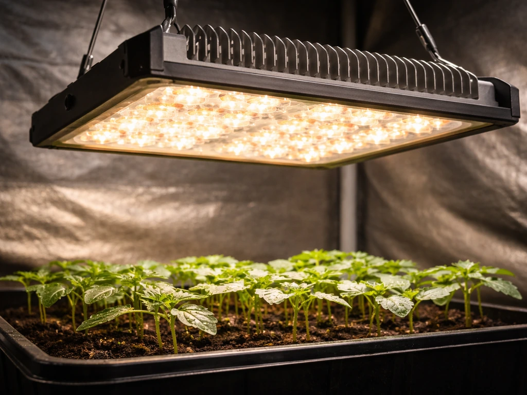 Close-up of a Mars II LED grow light over healthy seedlings in a compact indoor grow setup