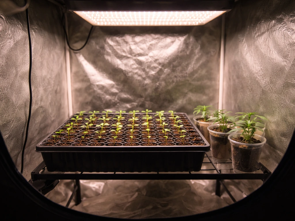 Seedling tray and clone cups under an LED panel inside a small grow tent, minimal and realistic.