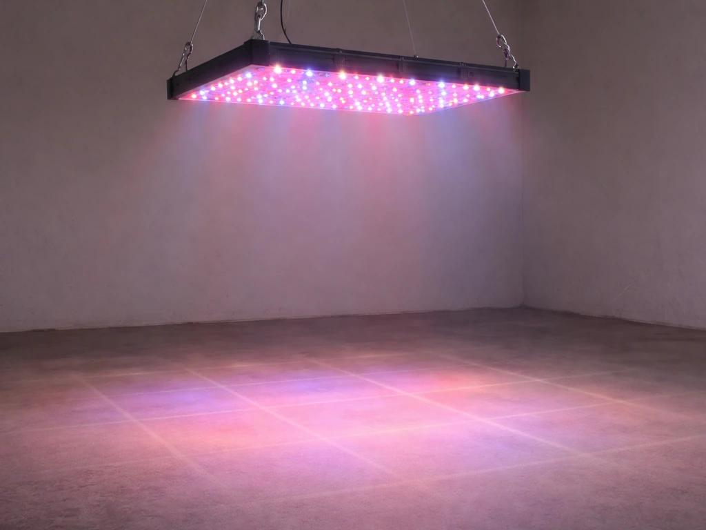 Overhead red/blue LED grow light with a faint illuminated footprint grid on the floor background.