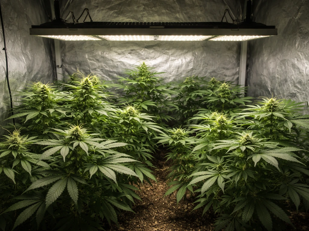 Low-hung grow light over uneven flowering canopy, with brighter and dimmer plant tops showing light falloff.