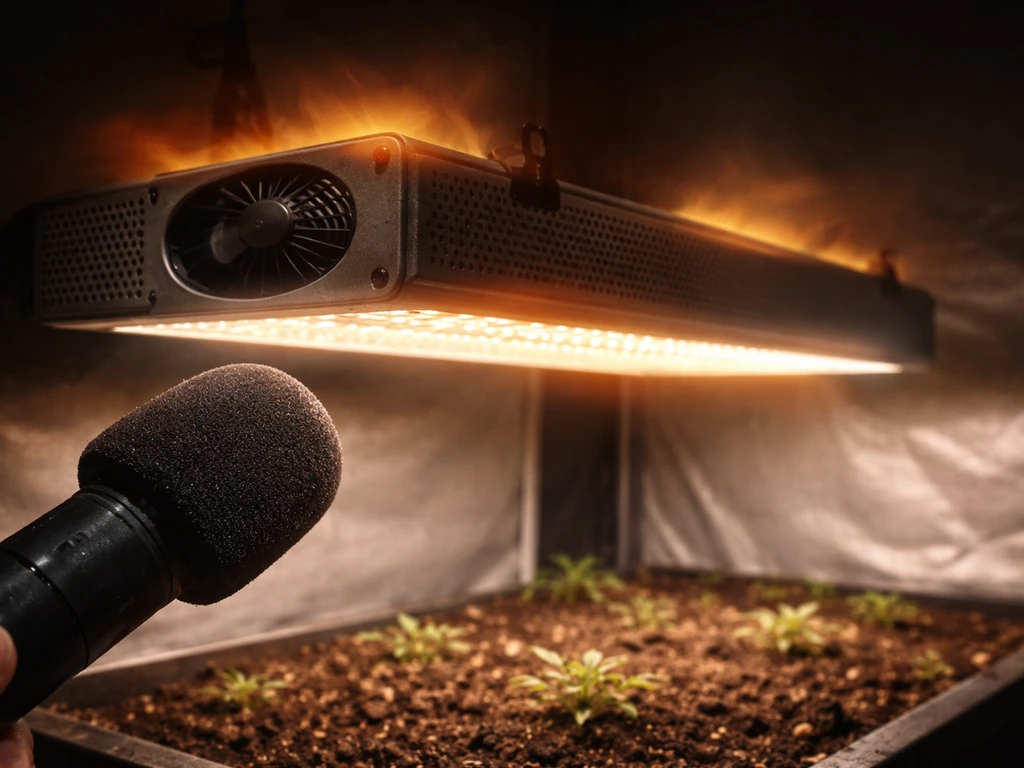 Warm grow light fixture glowing with a phone mic near the running fans in a quiet grow space.