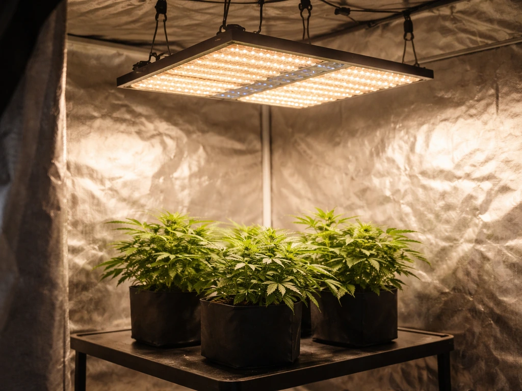 Overhead grow light panel inside a small indoor grow tent above a few leafy plants