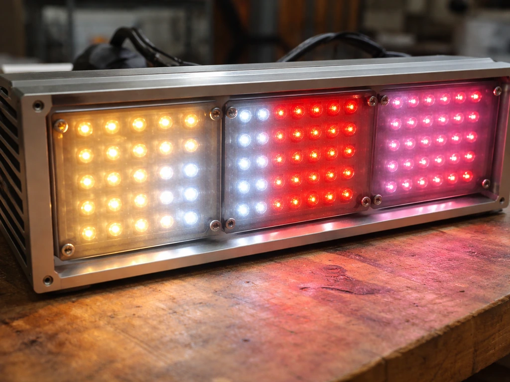 Close-up of a grow light showing warm, cool, red, and far-red LED glow groups on a bench.