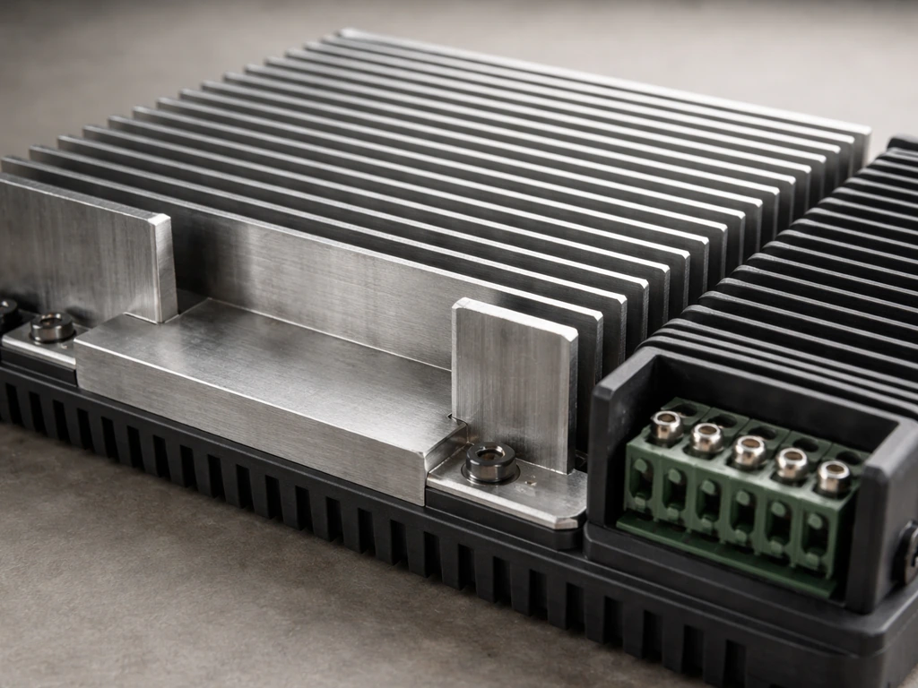 Close-up of a fanless passive heatsink and rear connector area on a dimmer-like device