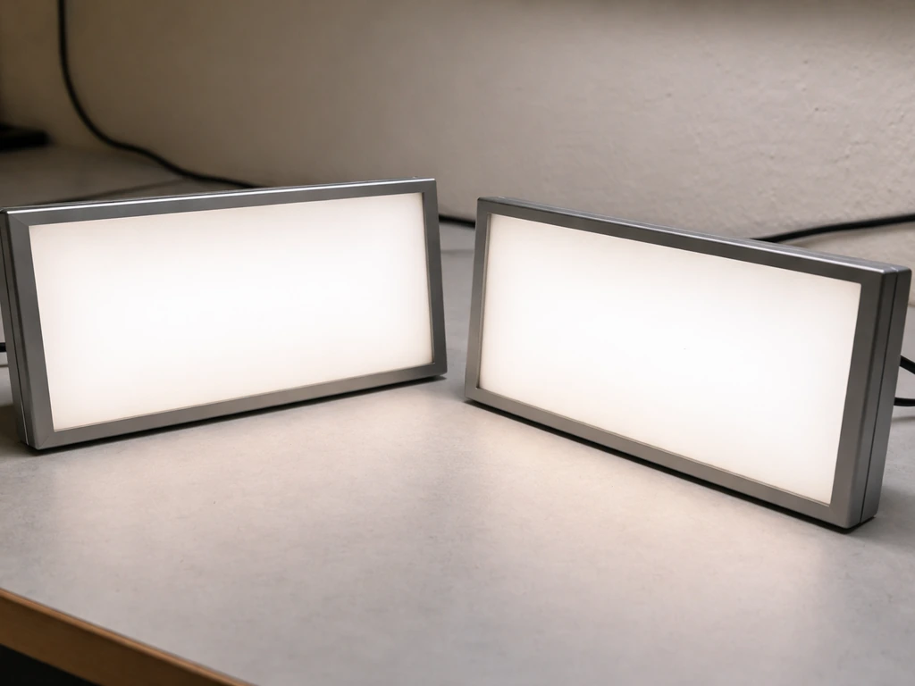 Two mid-budget LED panel lights on a workbench with soft reflections, comparison-ready setup.