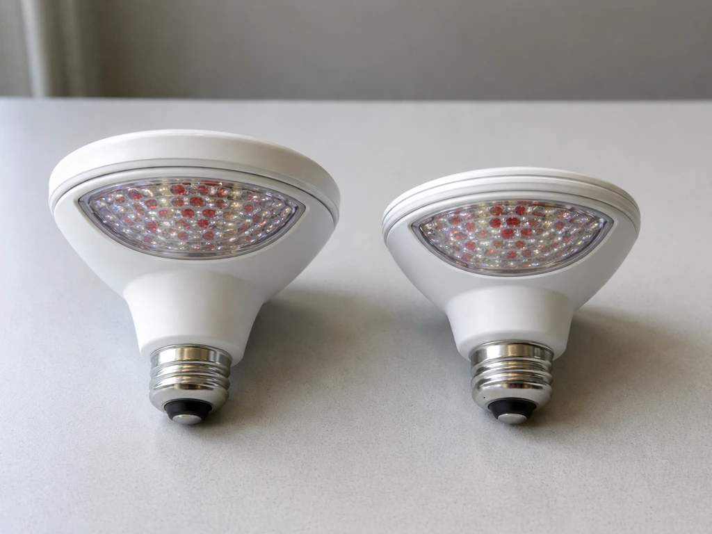 Two LED grow light bulbs (BR30-style and PAR25-style) side-by-side on a tabletop for comparison.