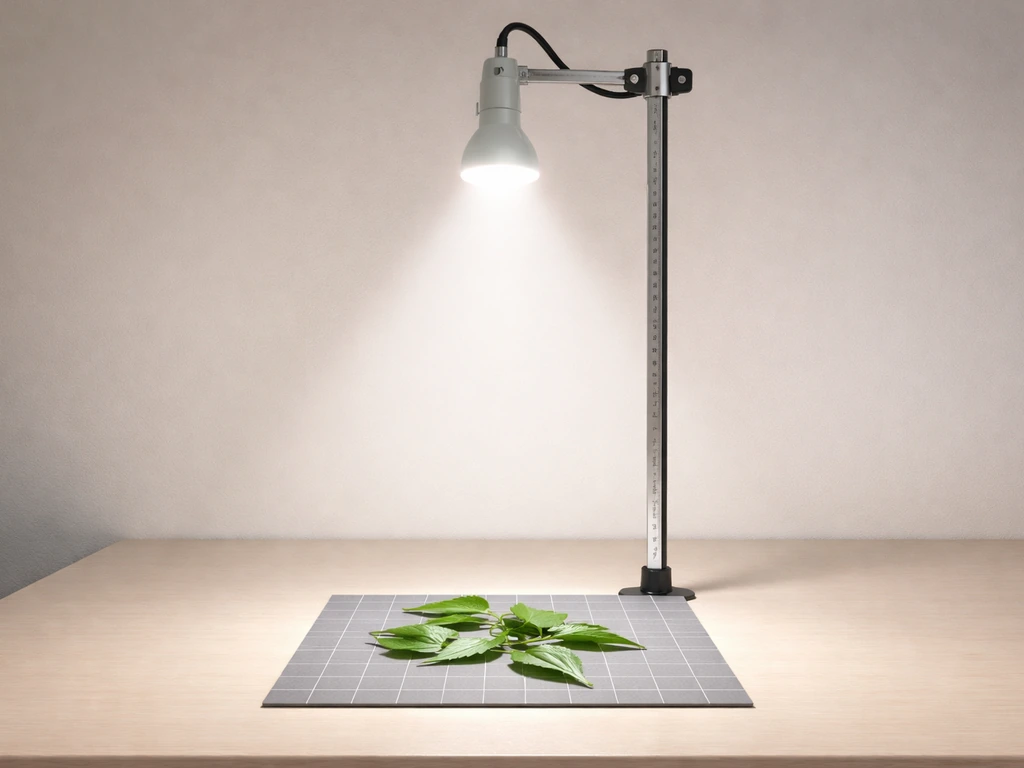 Minimal indoor grow-light setup with leaves under an LED and a clear height/distance reference.