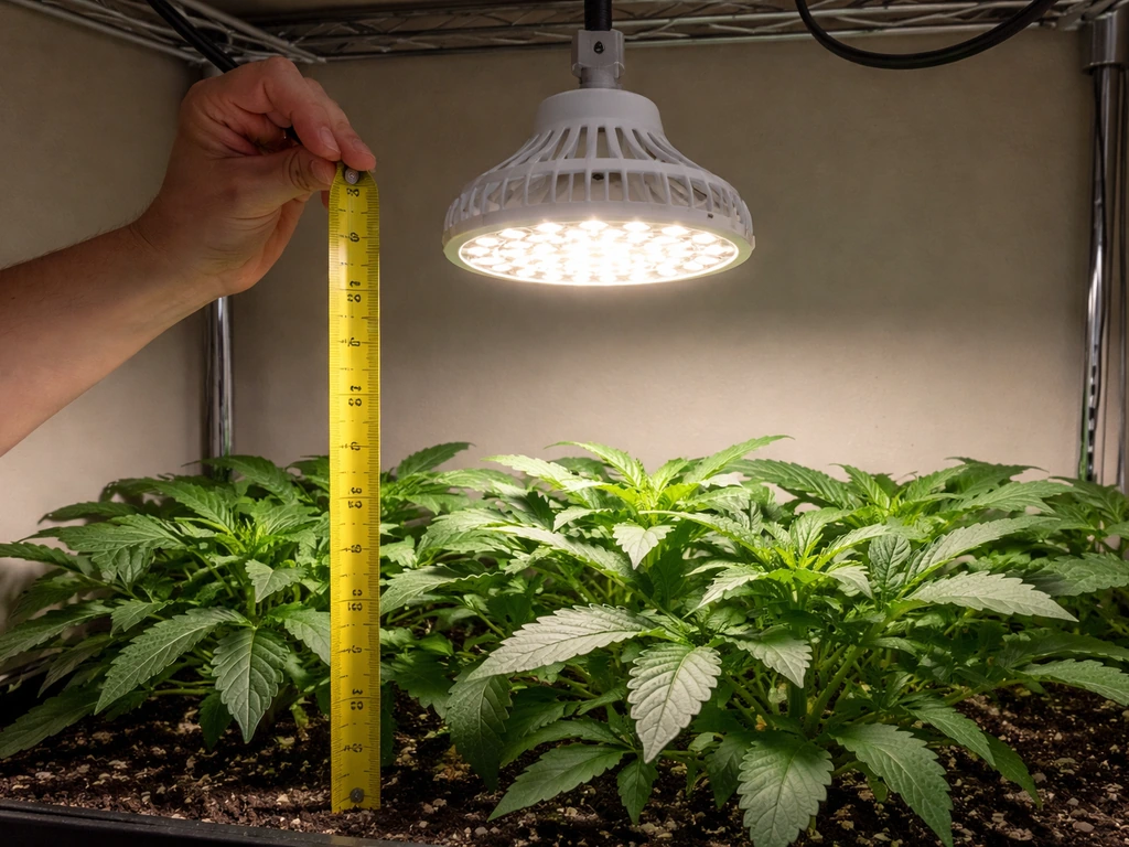 LED grow light mounted 12–18 inches above leafy canopy with a clear vertical tape measure reference.