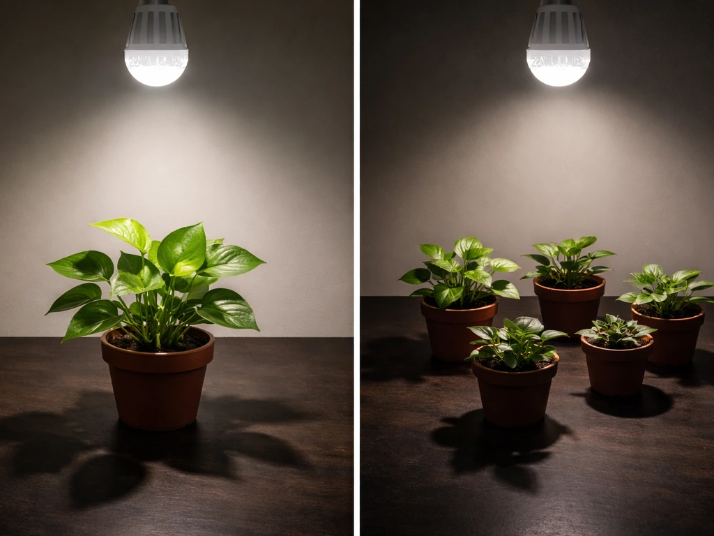 Two small plant setups showing different brightness under separate Sansi 24W grow lamps