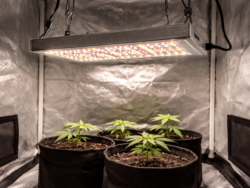 Excelvan 1200W LED grow light mounted over a small indoor grow canopy with plants under natural light