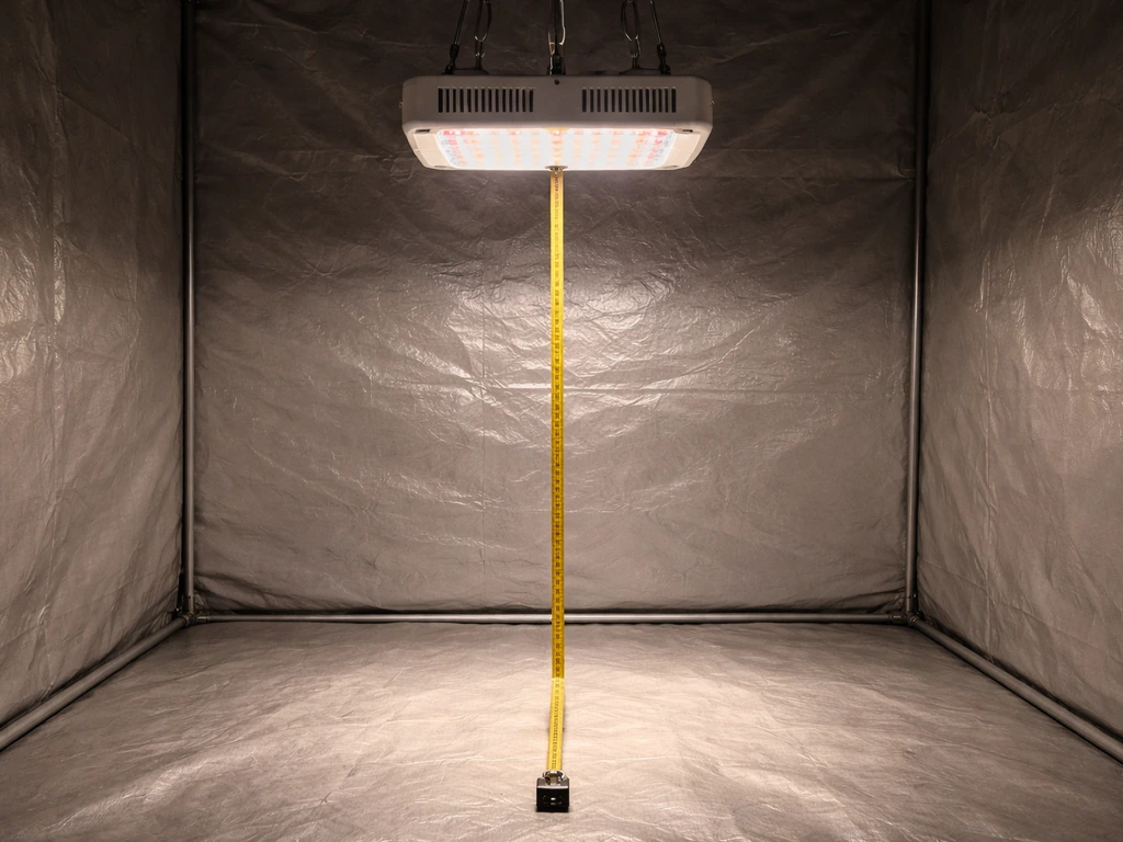 Overhead shot of a grow light glowing above an empty tent floor with a measuring tape indicating canopy height.