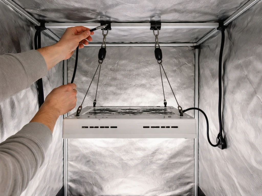 Grow light being centered and hung in a 2x2 tent with tidy power cable routing