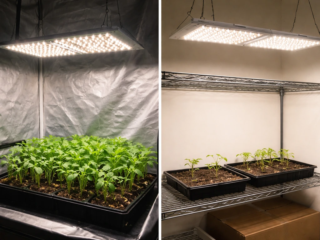 Budget grow light panel on the left versus a larger grow setup on the right, split-screen style.