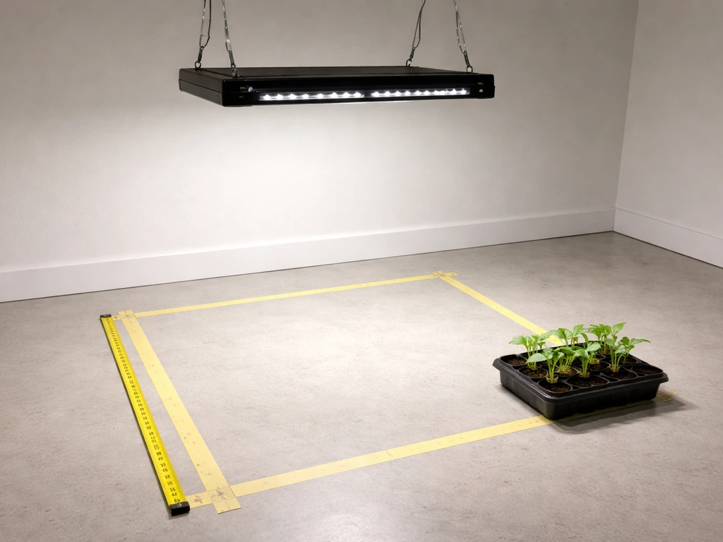 LED grow light over a taped measurement rectangle on the floor with a small seedling tray at the edge.