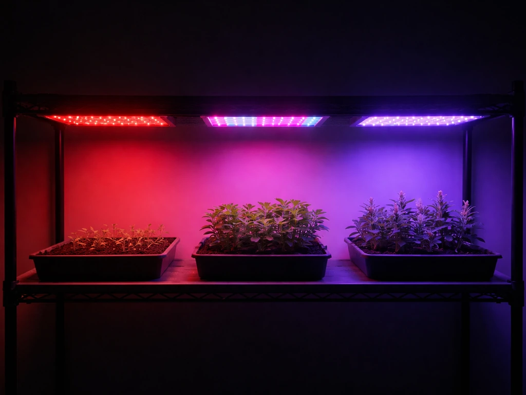 Minimal photo of three colored light beams over a simple grow bench, representing seedling, vegetative, and flowering st