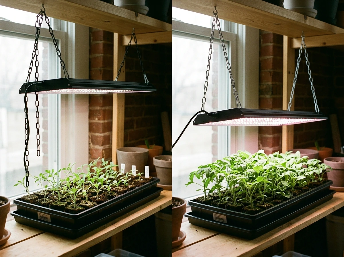 Seedlings compared under correct vs too-high LED mounting height.