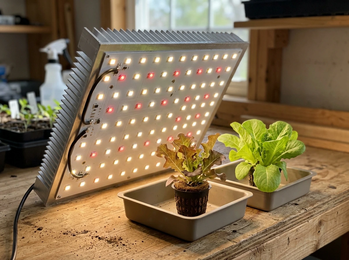 Quantum board LED close-up with even light spread on a small plant tray.