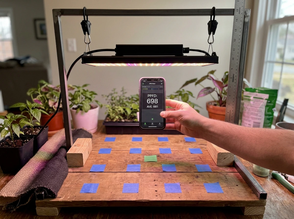 Measuring PPFD at canopy height with a phone app grid under a grow light.