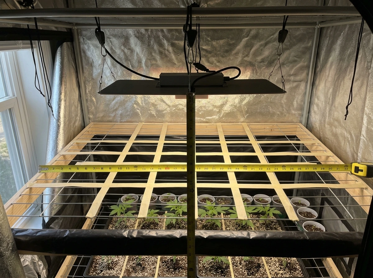 Grow tent footprint and measuring tape showing light coverage and sizing.