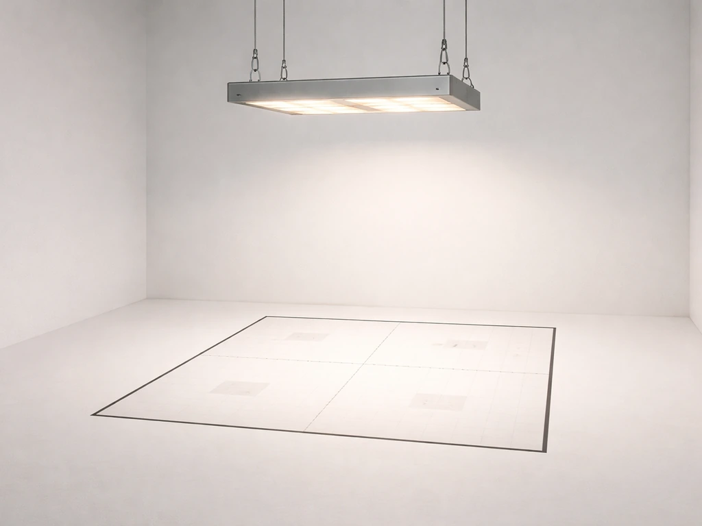 LED grow light over a simple 2x2 test area with even canopy coverage, viewed from above