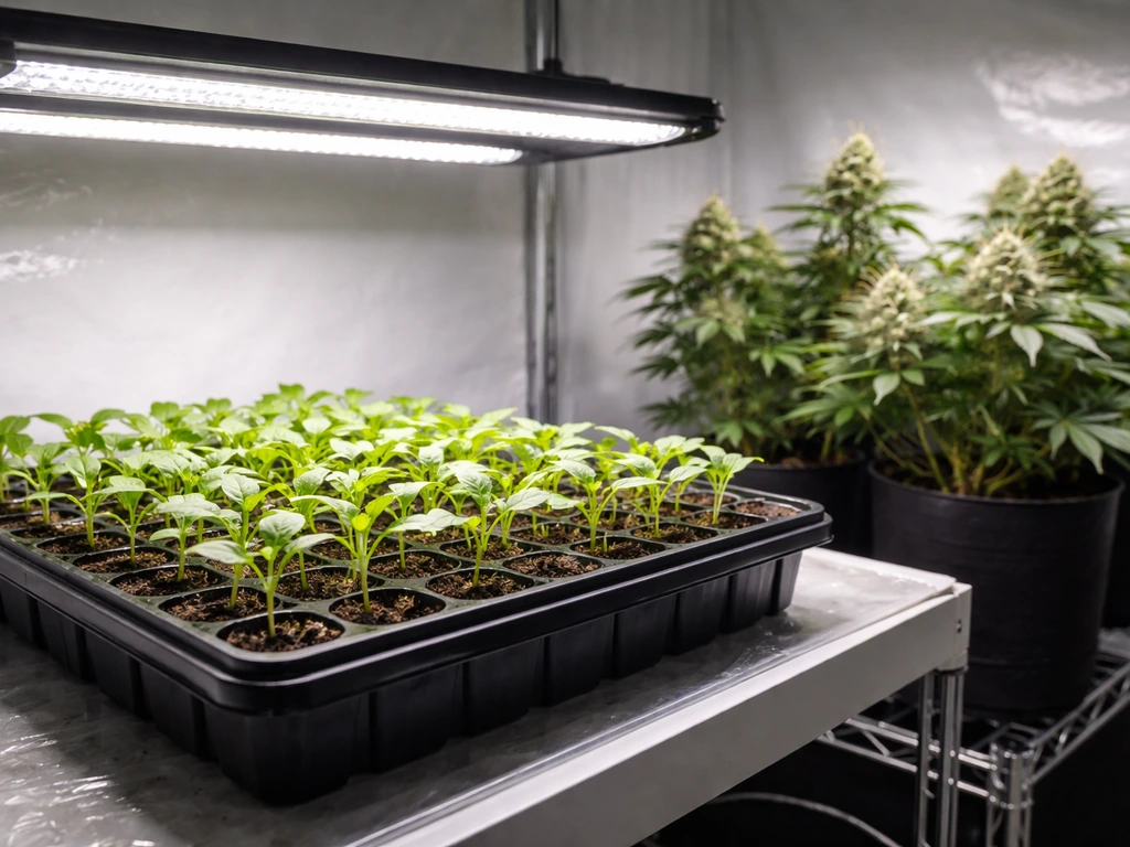 Propagation seedlings under a grow light, with flowering plants in the background showing dimmer light
