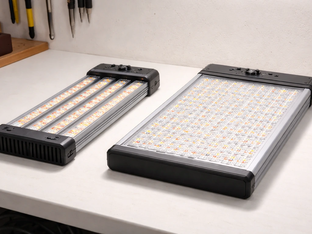 Two budget grow light fixtures side-by-side on a workbench with subtle switches and indicator lights.