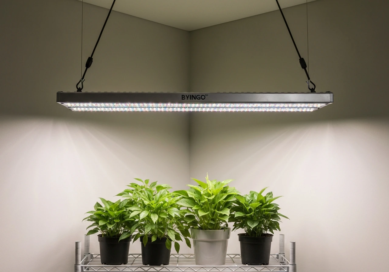 4ft LED grow light bar hanging above indoor plants on a simple shelf, shown with full fixture and cords.