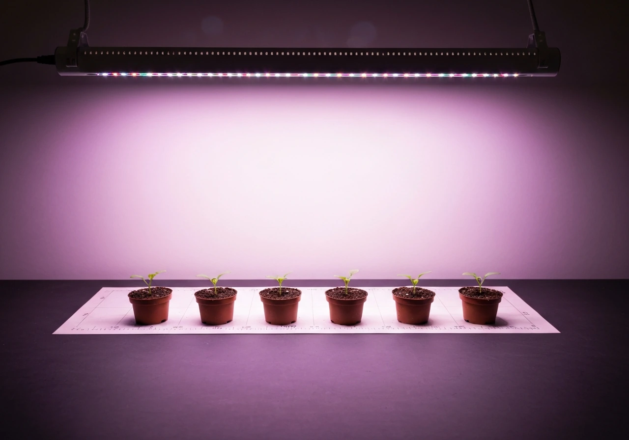 LED grow light bar shining over a small row of potted seedlings on a simple test surface