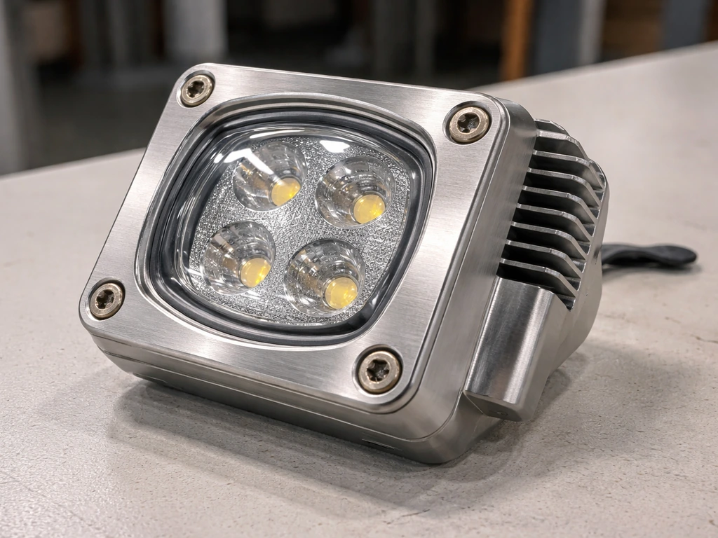 Close-up of an LED fixture showing brushed aluminum housing and clear polycarbonate lens cover.