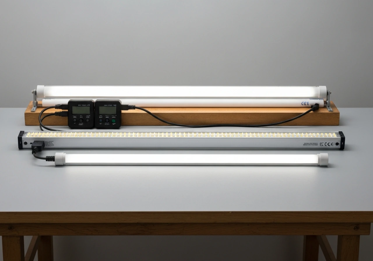 Minimal photo of an LED tube light bar next to a power meter for comparing energy use