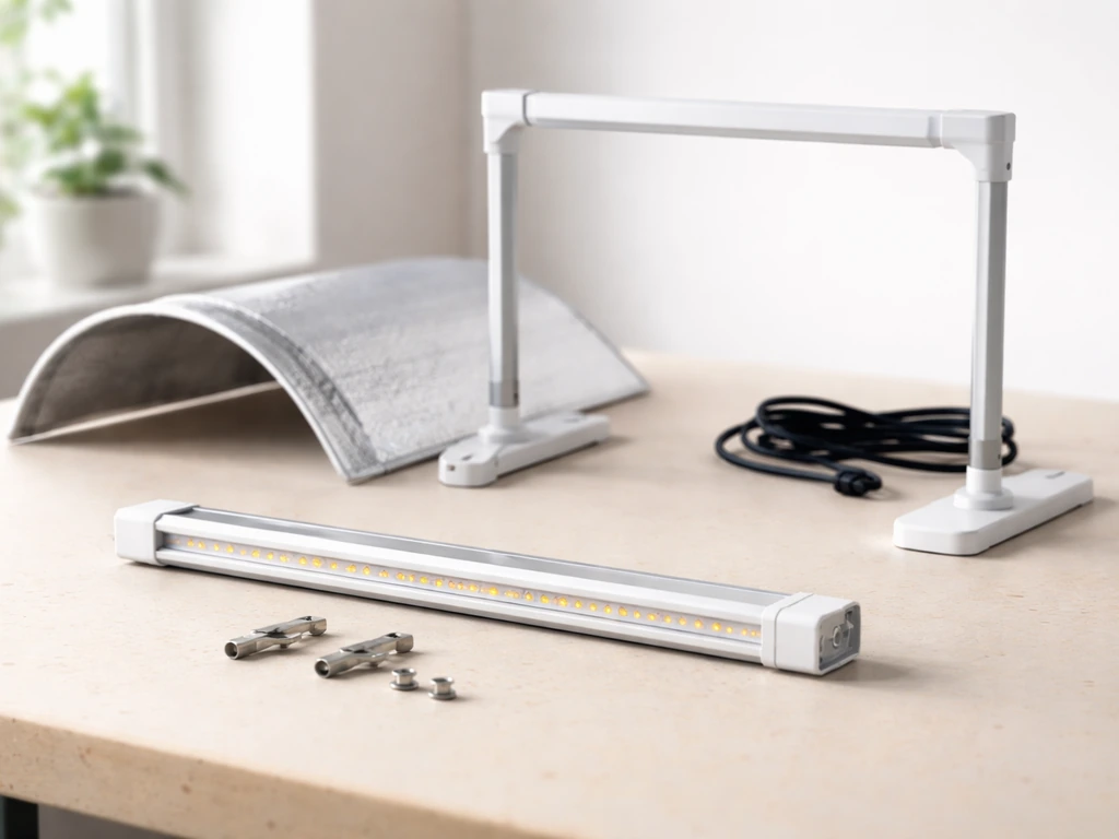 Close-up of a Jiffy Hydro grow light light bar, stand, and power cord on a workbench.