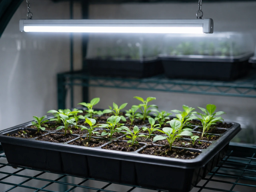 Blue 6500K LED grow light bar shining over compact seedlings in a simple propagation tray.
