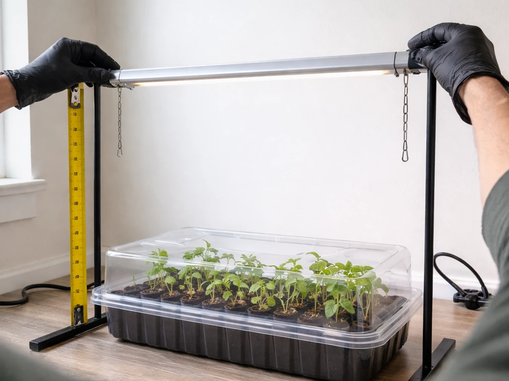 Hands attaching a grow light bar to a stand above a propagation tray, showing clear 8–12 inch gap.